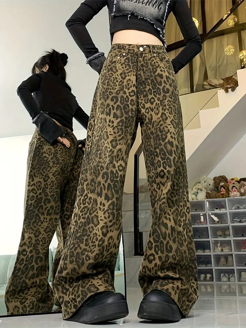 Jeans Boyfriend larghi leopardati Y2k