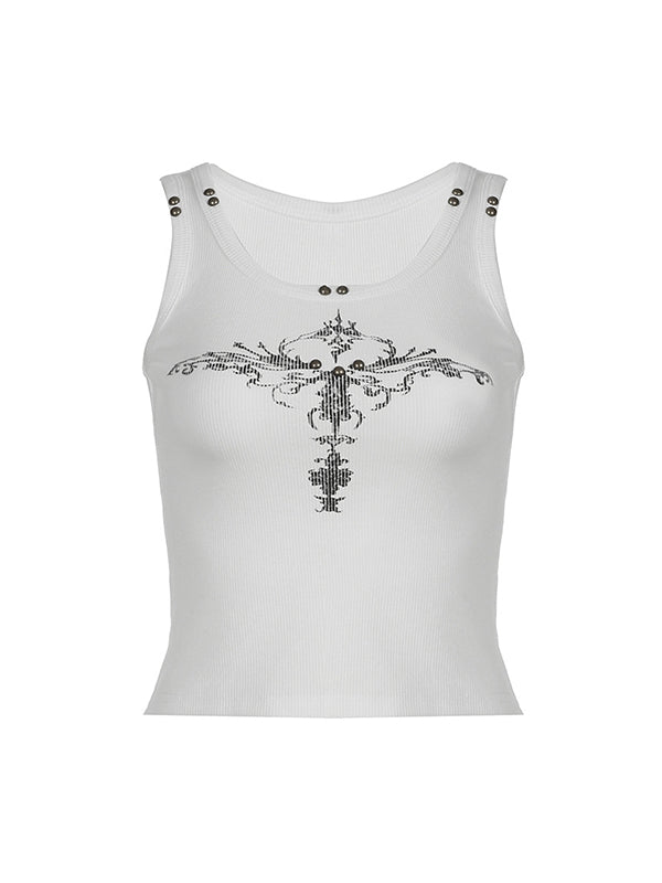 White Gothic Print Studded Tank Top