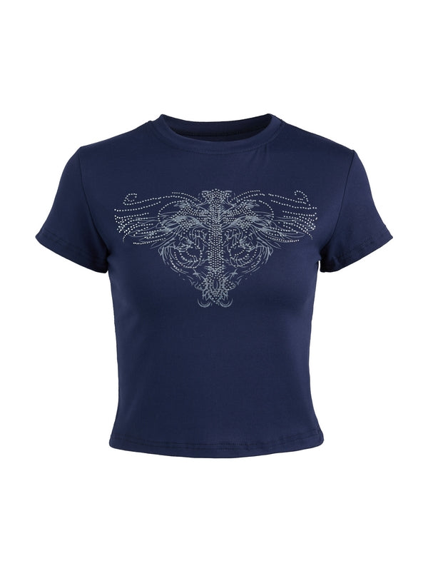 T-shirt a maniche corte corta con stampa strass croce punk blu scuro