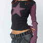 Y2k Gestreiftes Sternenprint Patchwork Slim Fit Langarm Top