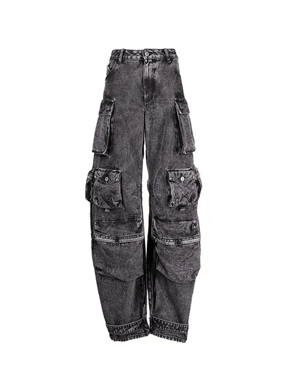 Graue Gewaschene Cargo Jeans mit Zerrissenen Details und Taschen