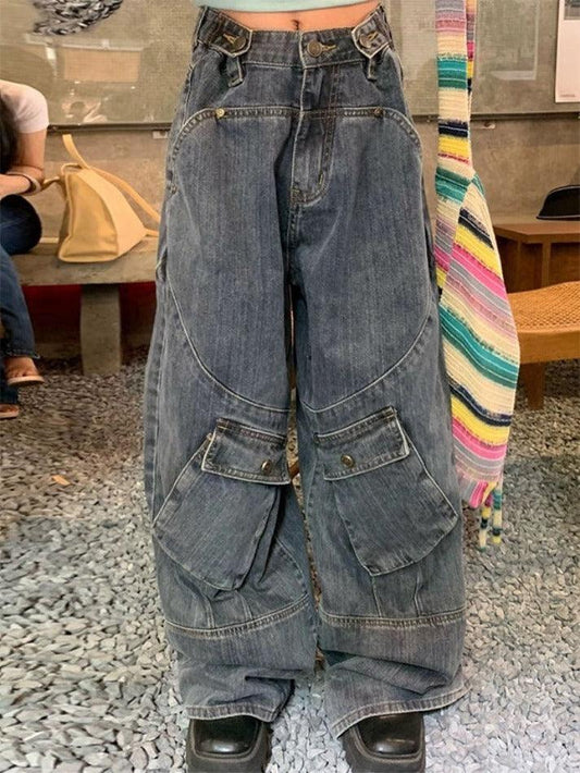 Blaue Hip Hop Verwaschene Unregelmäßige Taschen Spleiß Cargo Jeans