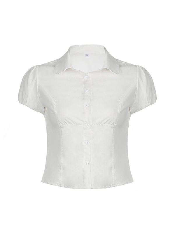 Weißes Vintage Slim Taille V Ausschnitt Kurzarm Shirt