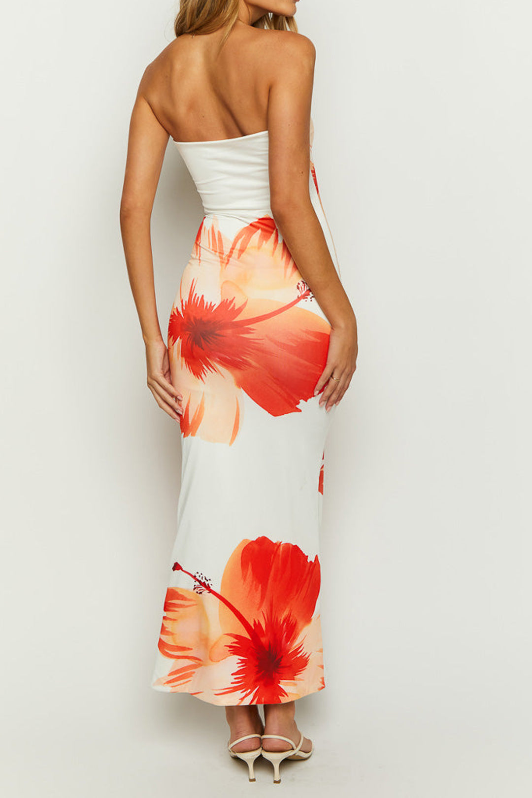 Sunny Floral Cascade Strapless Slim Midi Dress