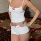 White Vintage Cutout Bow Camisole &amp; Ultra Short Shorts Set