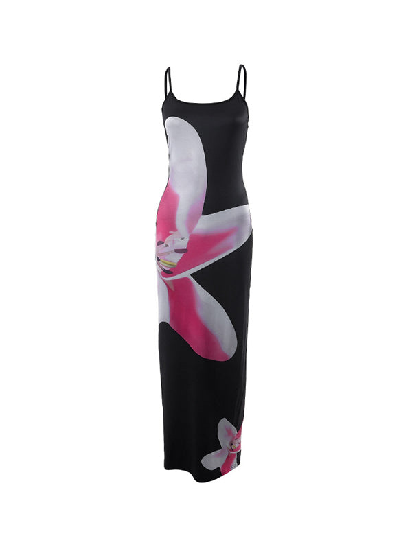 Abito maxi cami aderente con stampa floreale nera