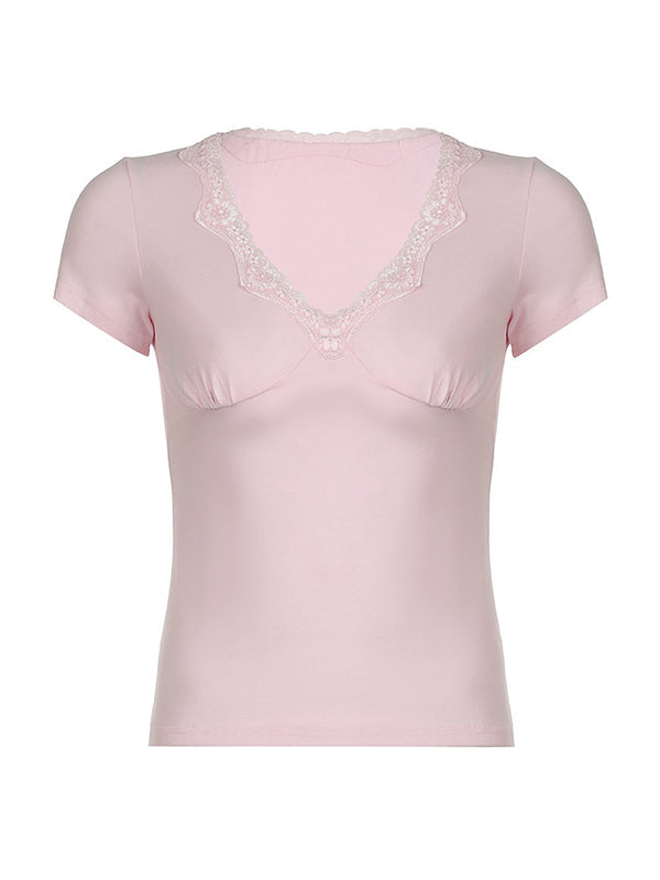 Pink Vintage V-Neck Lace Trim Short Sleeve T-Shirt