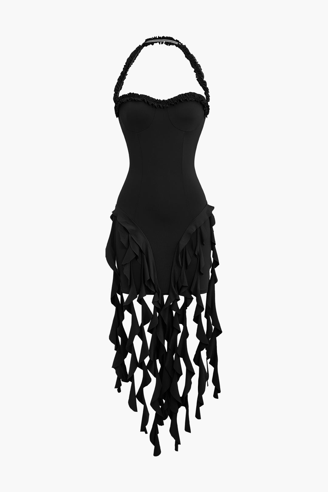 Mini abito bustier allacciato alla caviglia con nappe con volant