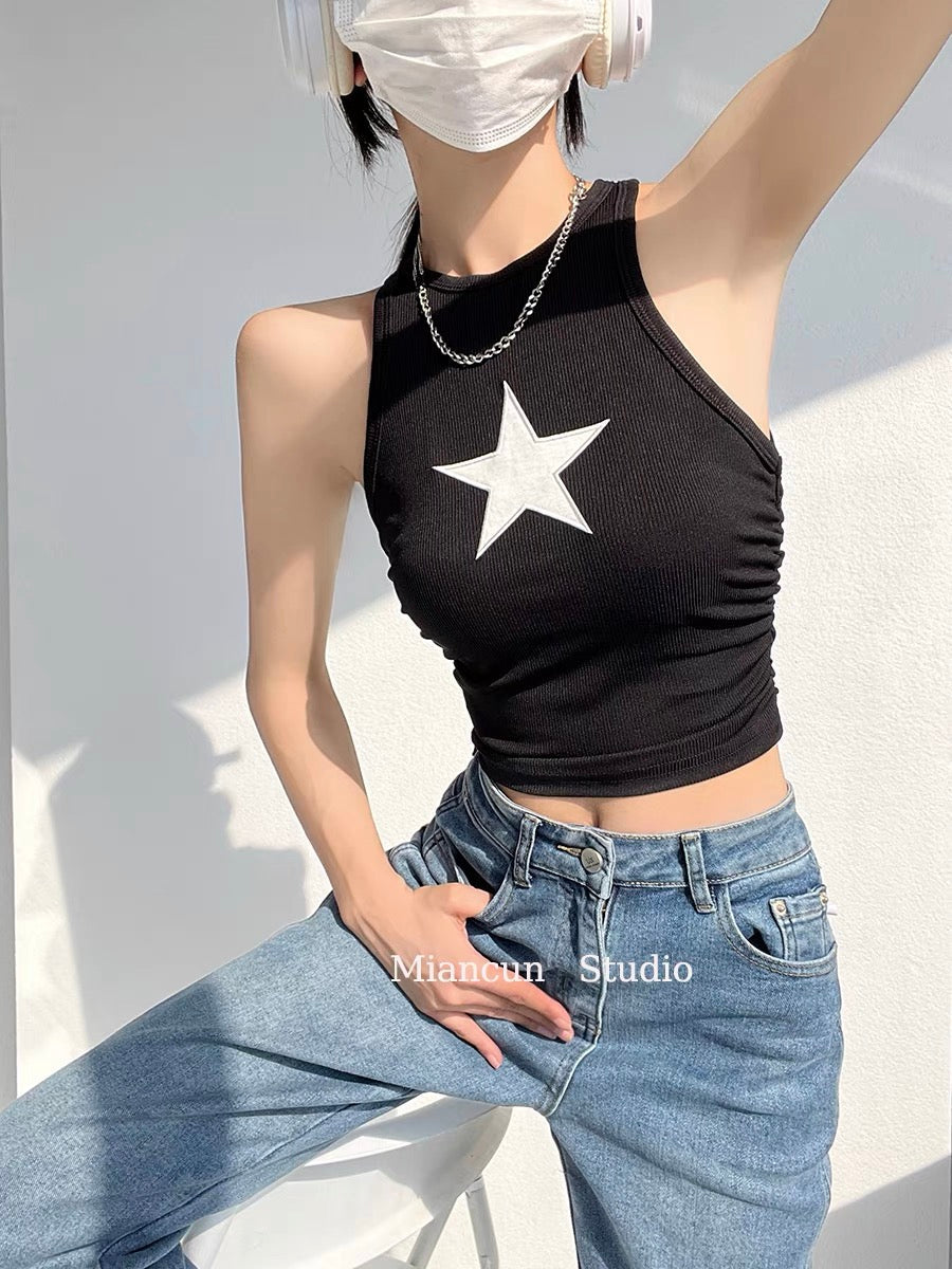 Kontrastfarbe Y2K Sternen Patch Cropped Tank Top