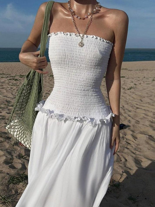 Abito maxi tubolare arricciato con spalle scoperte bianco vintage