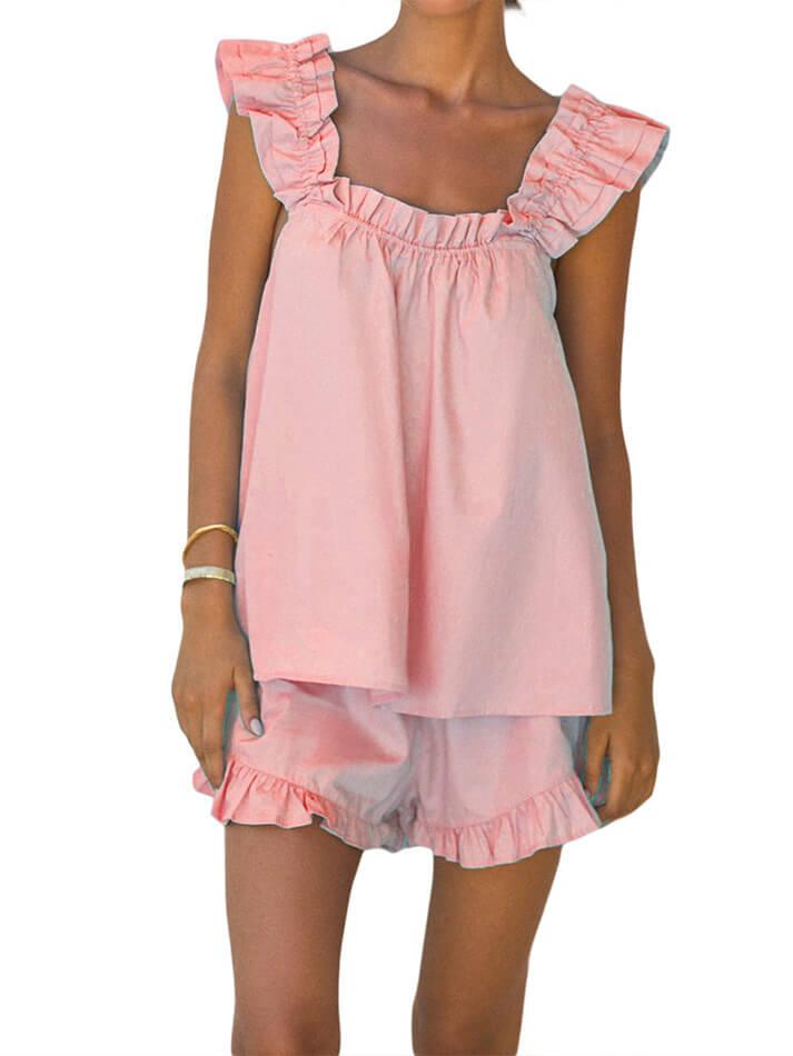 Solid Cotton Ruffle Cami Shorts Set