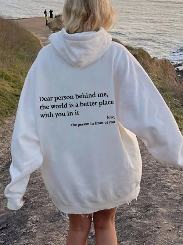 White oversized kangaroo pocket hoodie with drawstring and letter print