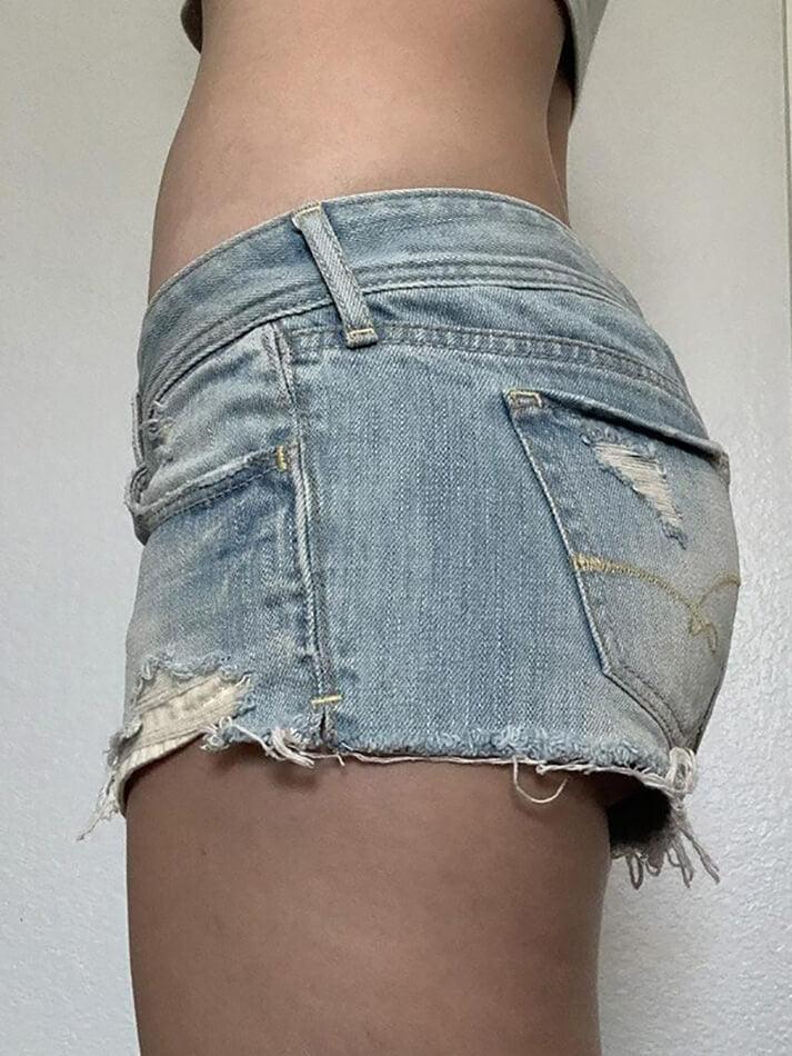 Blau Vintage Tief Sitzende Fransendenim Shorts