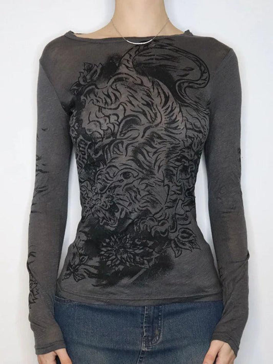 Camicia a maniche lunghe con stampa grafica punk grigio scuro