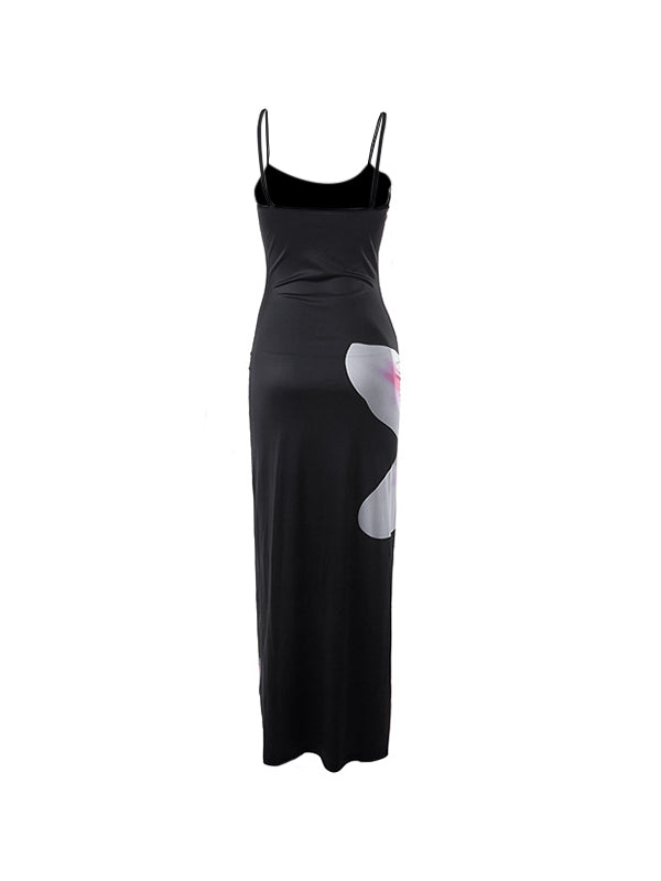 Abito maxi cami aderente con stampa floreale nera