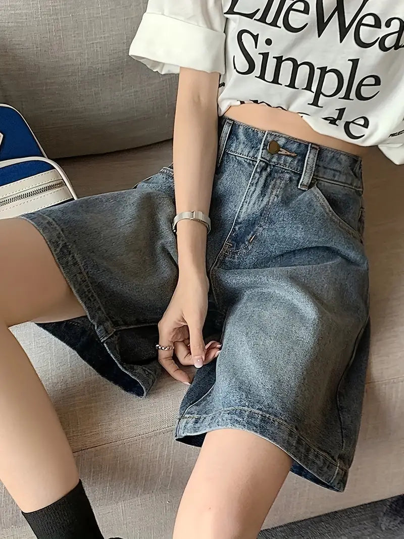 Blue Retro High Waist Denim Shorts with Wide Leg