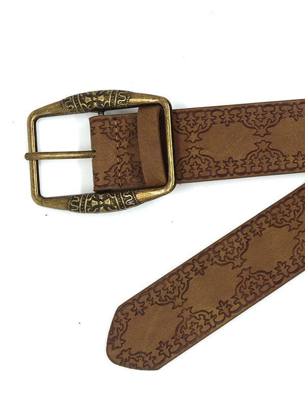 JY Brown Retro Distressed Embossed Ethnic Buckle Belt