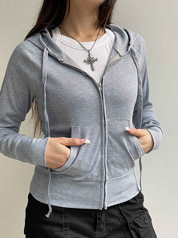 Grey Vintage Ribbed Zipper Drawstring Long Sleeve Hoodie