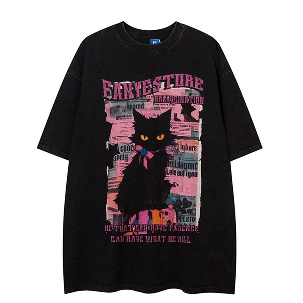 T-shirt a maniche corte con stampa gatto Y2K in colori a contrasto