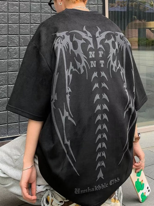 Punk Oversize Kurzarmshirt aus PU Wildleder mit Skelett Grafik