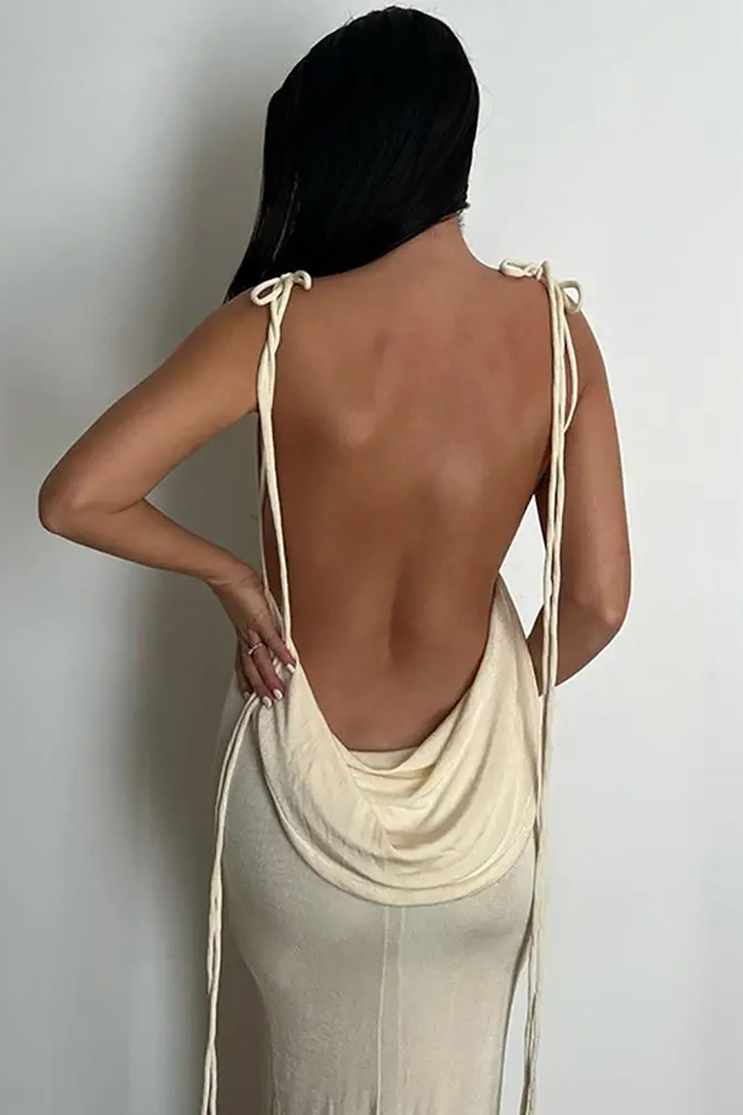 French shawl collar maxi dress with open back