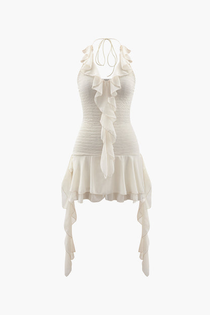 Beige halter neck ruffle mini dress