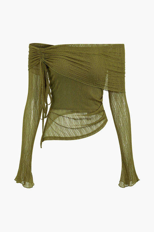 Top in rete con cravatta asimmetrica con spalle scoperte e texture vintage verde