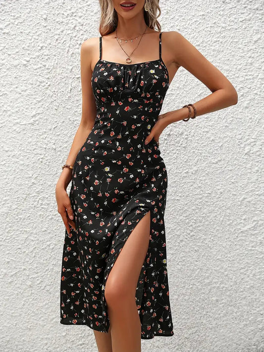 French Ditsy Floral Print Slit Dress 