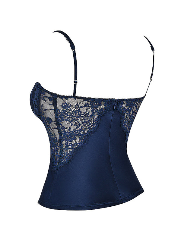 Top a corsetto sottile in pizzo trasparente sexy blu scuro