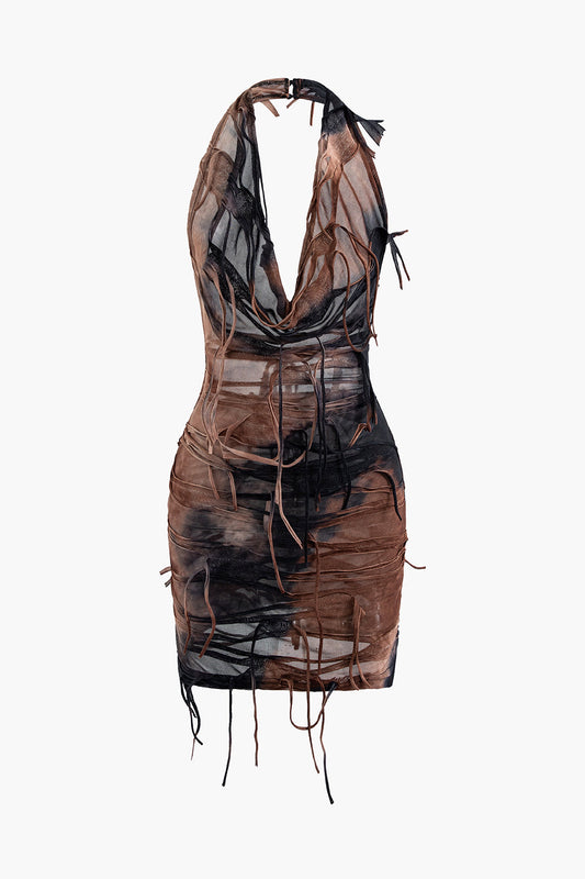 Brown Punk Halter Backless Distressed Mini Dress