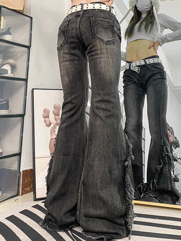 Y2K Schwarze Low Rise Flare Jeans mit Fransen