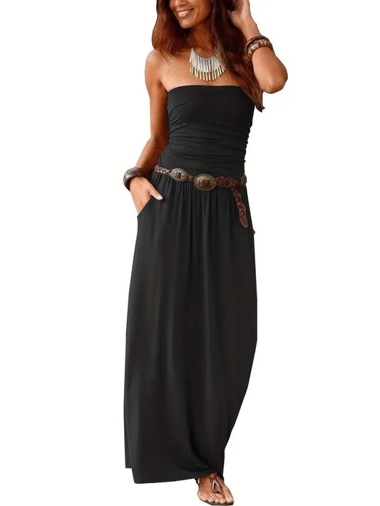 Vintage Solid Versatile Strapless Maxi Dress with Pockets