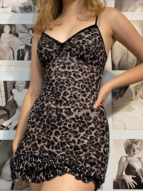 Vintage lace stitching v-neck leopard print mini dress