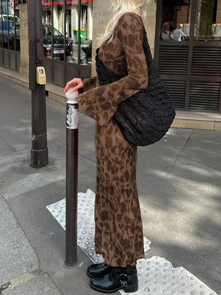 Brown Classic Print Maxi Dress with Trumpet Sleeves