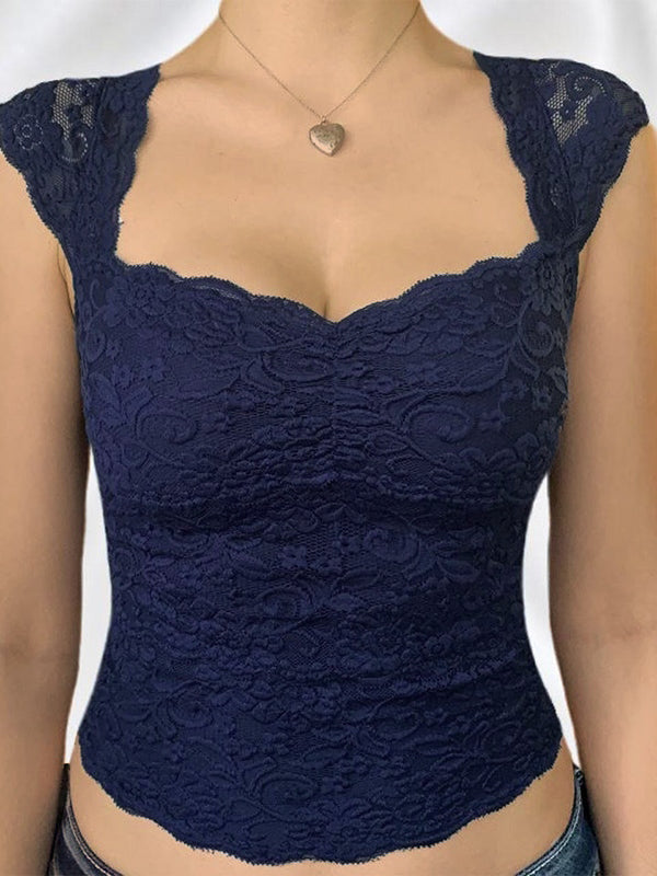 Top a maniche corte vintage in pizzo blu scuro