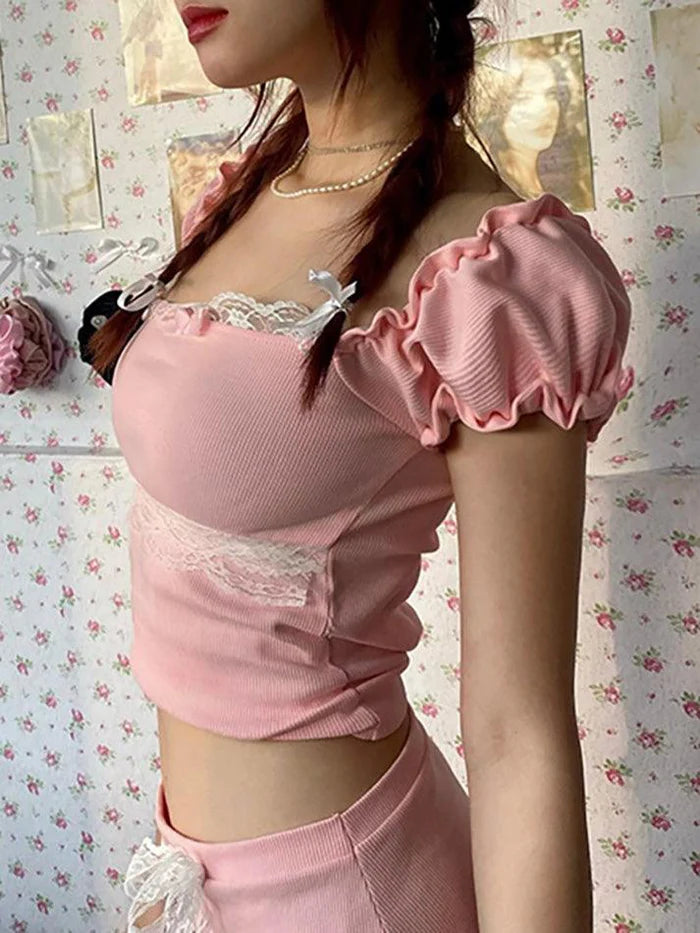 Pink Y2K Crop Top with Puff Sleeves and Lace Trim