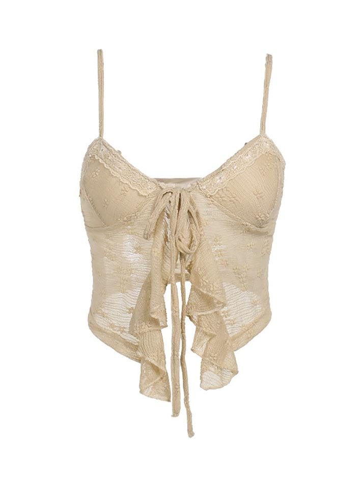 Beige Y2K Spitze Rüschensaum Geknotetes Strick Crop Top