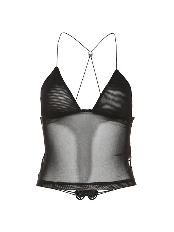 Schwarzes Rückenfreies Mesh Neckholder Camisole mit Schmetterlingsstickerei