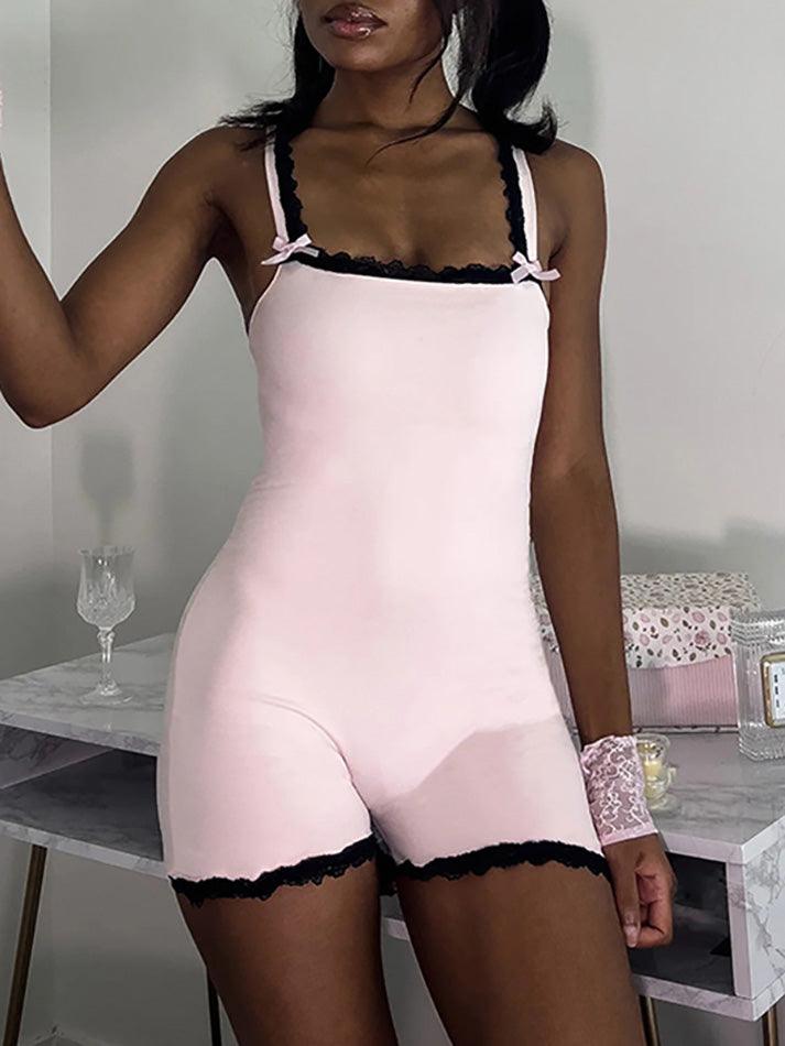 Contrast Y2K spaghetti strap bodysuit top with lace trim