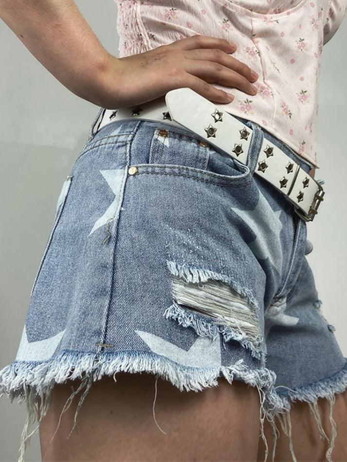 Blaue Y2K Sternenmuster Zerrissene Low Rise Denim Shorts