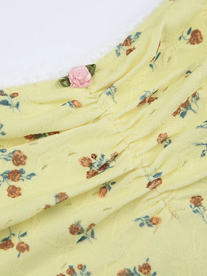 Yellow French Floral Ruffle Bandeau Top