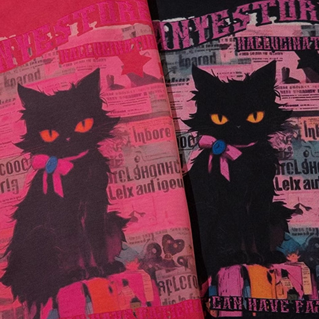 T-shirt a maniche corte con stampa gatto Y2K in colori a contrasto