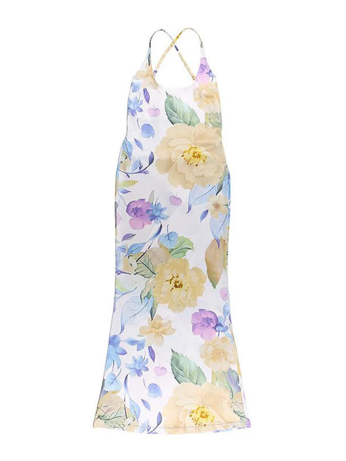 Vintage midi bodycon dress with floral print and spaghetti straps