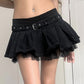 Black Sexy Denim Mesh Mini Skirt with Double Layer and Belt