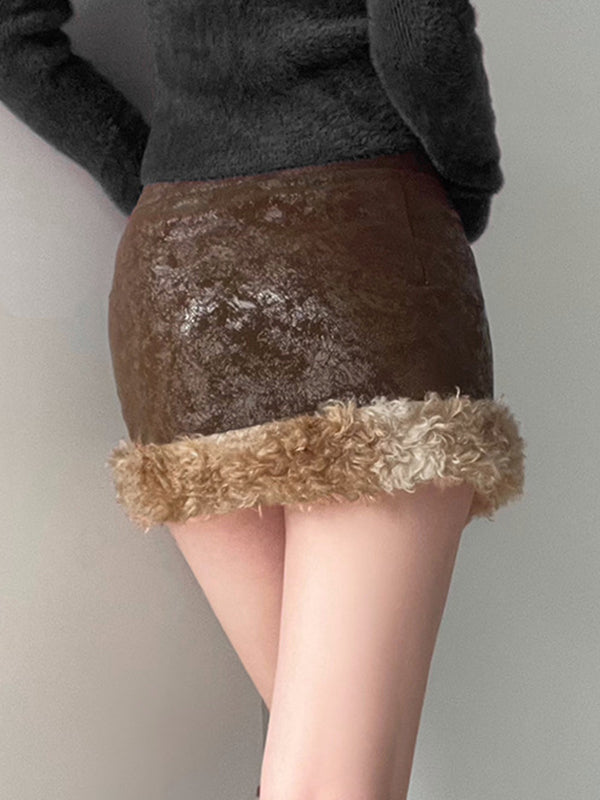 Brown vintage leather mini skirt with fuzzy hem splice and belt