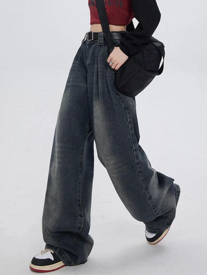 Dunkle Vintage Gewaschene Boyfriend Jeans mit Hoher Taille