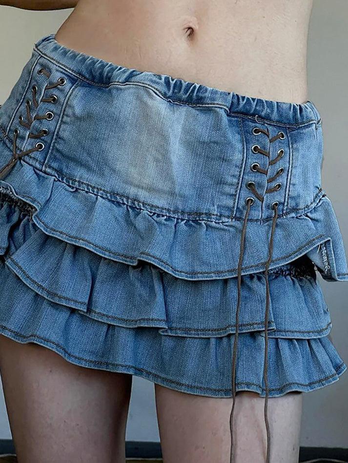 Blue Vintage Wrap High Rise Tiered Denim Mini Skirt