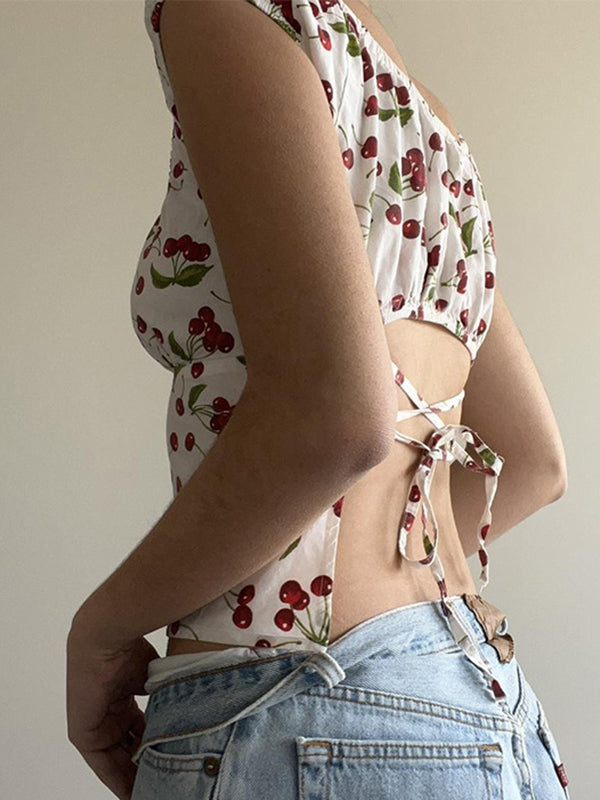 Y2k backless short sleeve crop top with cherry print