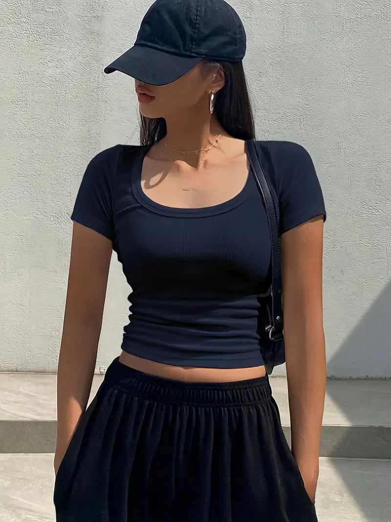 Navy Blue Y2K Crew Neck Crop Top 