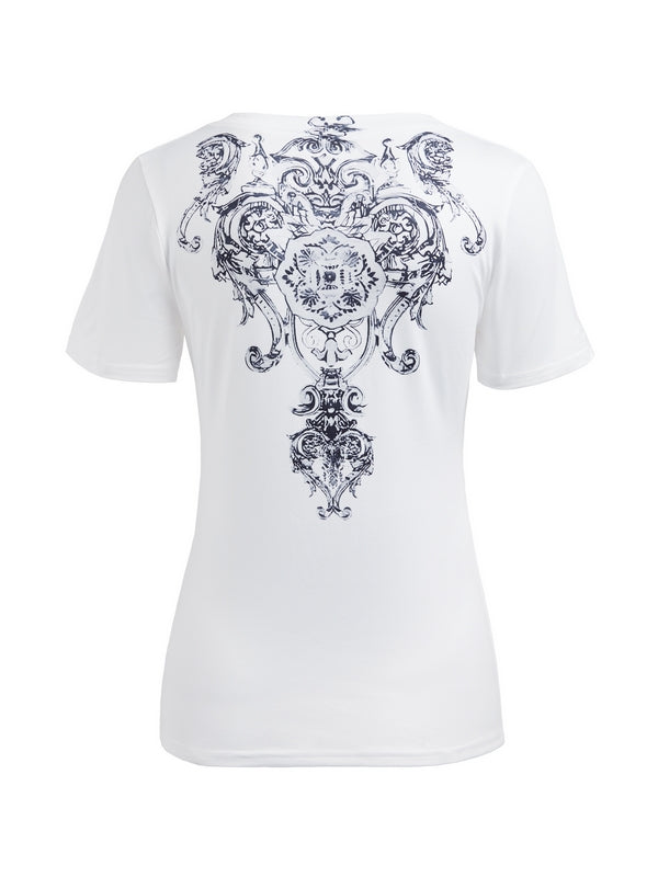 Weißes Vintage Gothic Strass Print Kurzarm Shirt